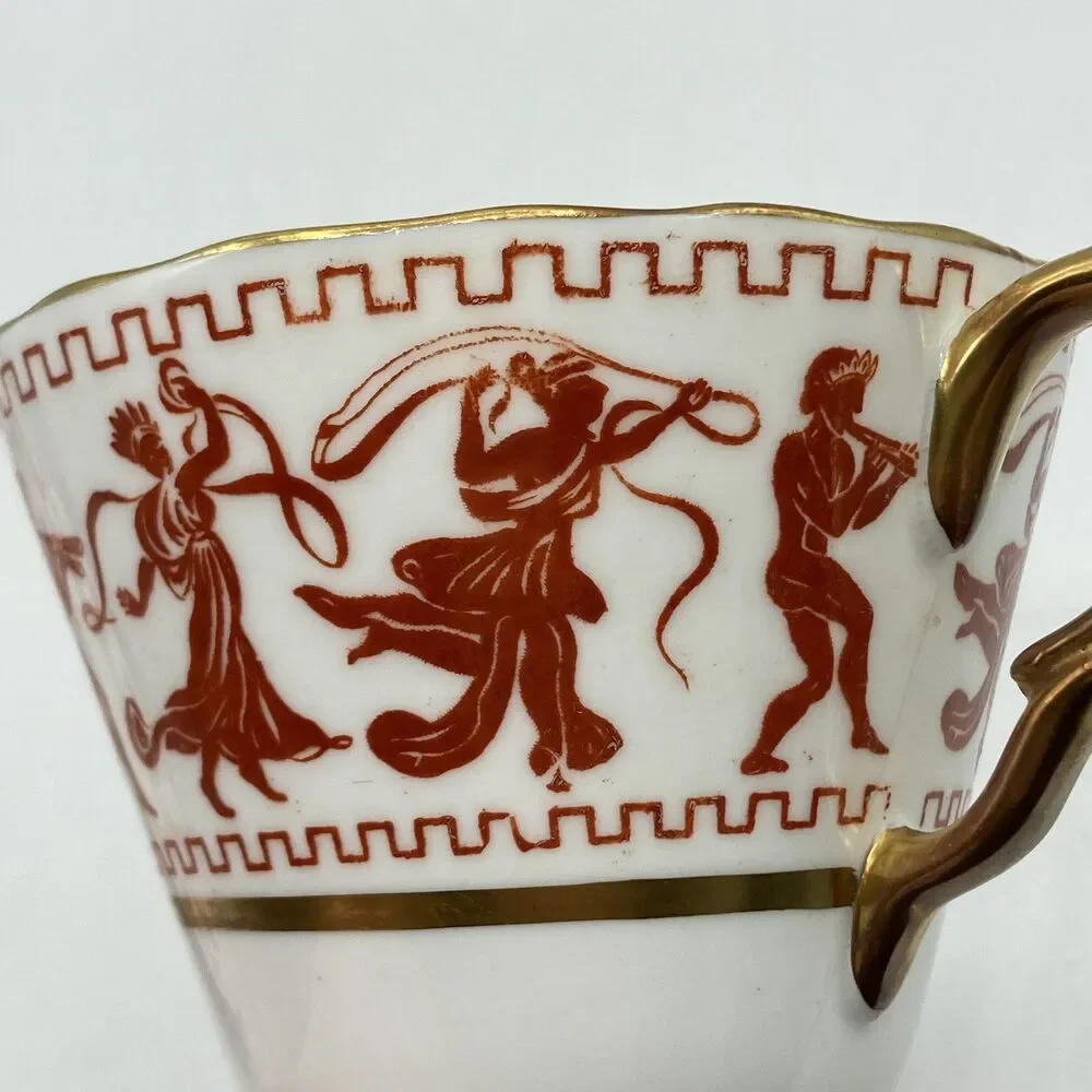 Vintage Taylor & Kent Bone China Tea Cup & Saucer Greek Figures Red Gold England